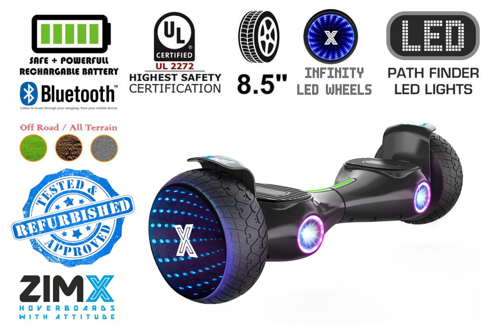 Refurbed ZIMX G2 JET BLACK All Terrain Hoverboard, 8.5 inch Off Road Bluetooth Hoverboard with Infinity LED Wheels, UL2272 Certified