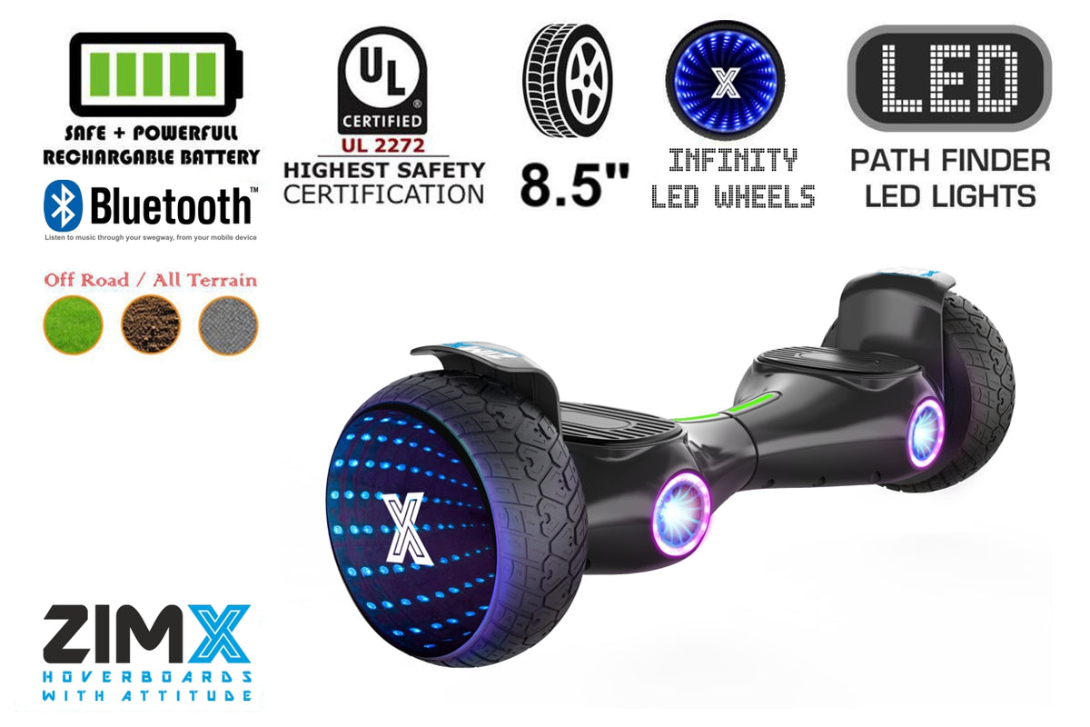 ZIMX G2 JET BLACK All Terrain Hoverboard, 8.5 inch Off Road Bluetooth Hoverboard with Infinity LED Wheels, UL2272 Certified